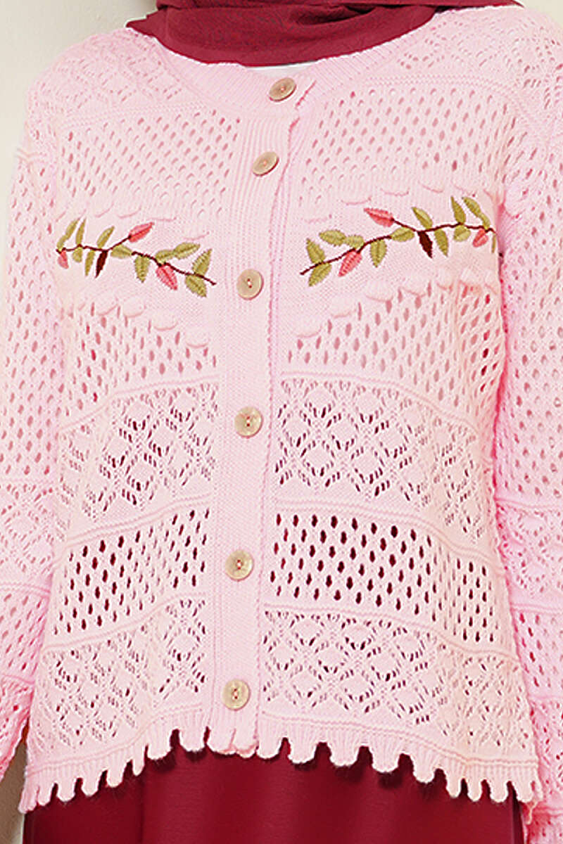 Short Leaf-Embroidered Pointelle Knit Cardigan - Pink