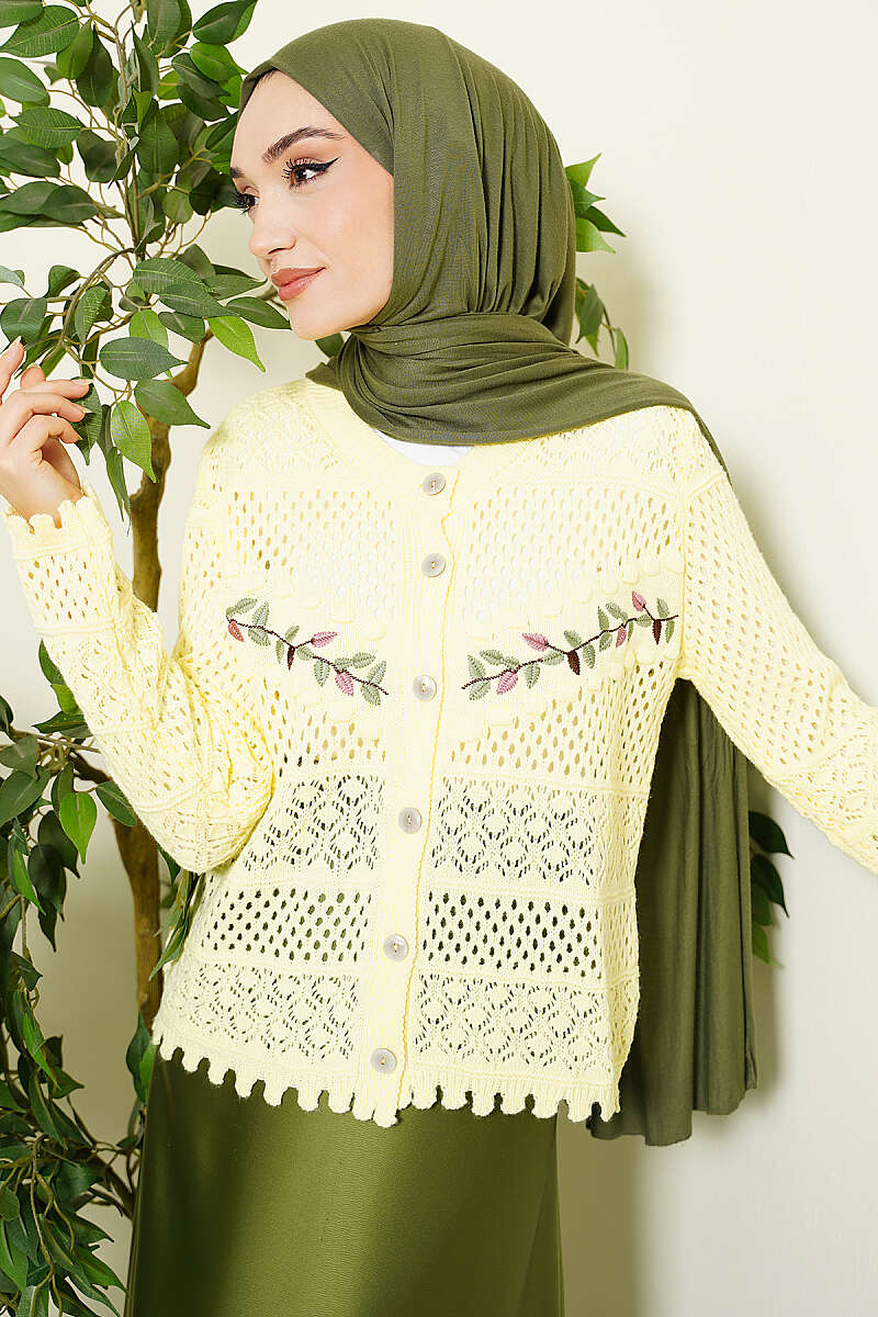 Short Leaf-Embroidered Pointelle Knit Cardigan - Yellow
