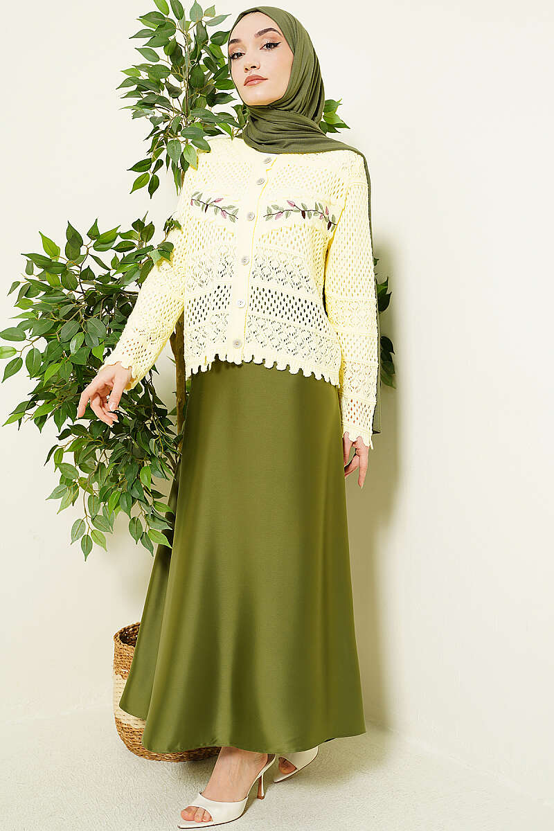 Short Leaf-Embroidered Pointelle Knit Cardigan - Yellow