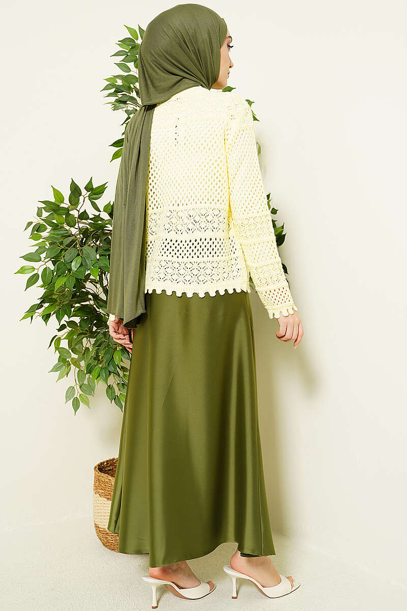 Short Leaf-Embroidered Pointelle Knit Cardigan - Yellow