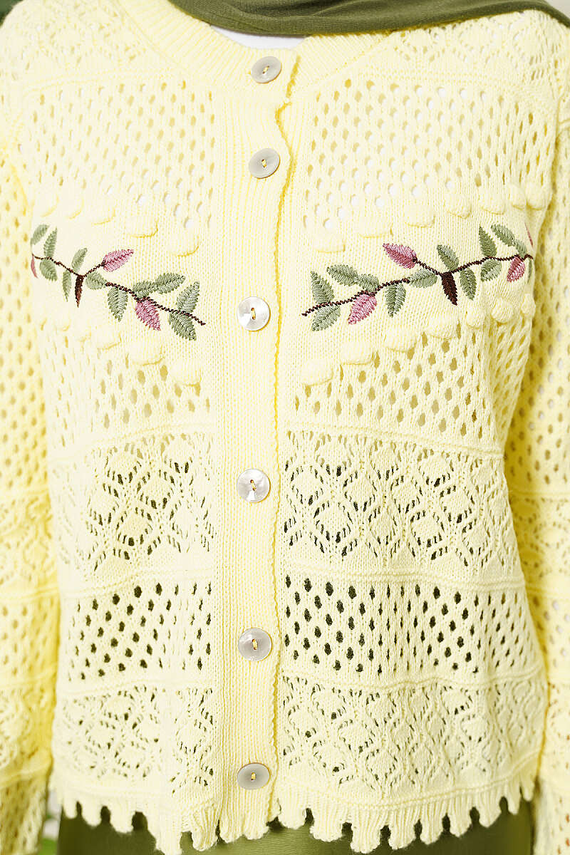 Short Leaf-Embroidered Pointelle Knit Cardigan - Yellow