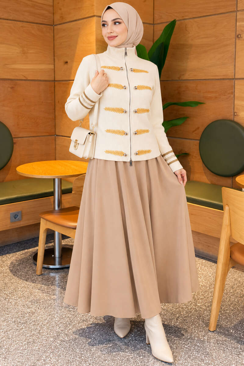 Leaf-Embroidered Knit Cardigan - Beige