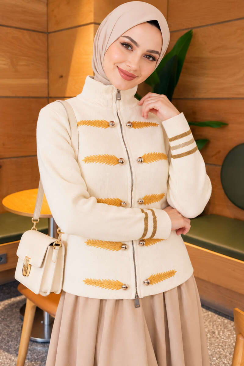 Leaf-Embroidered Knit Cardigan - Beige
