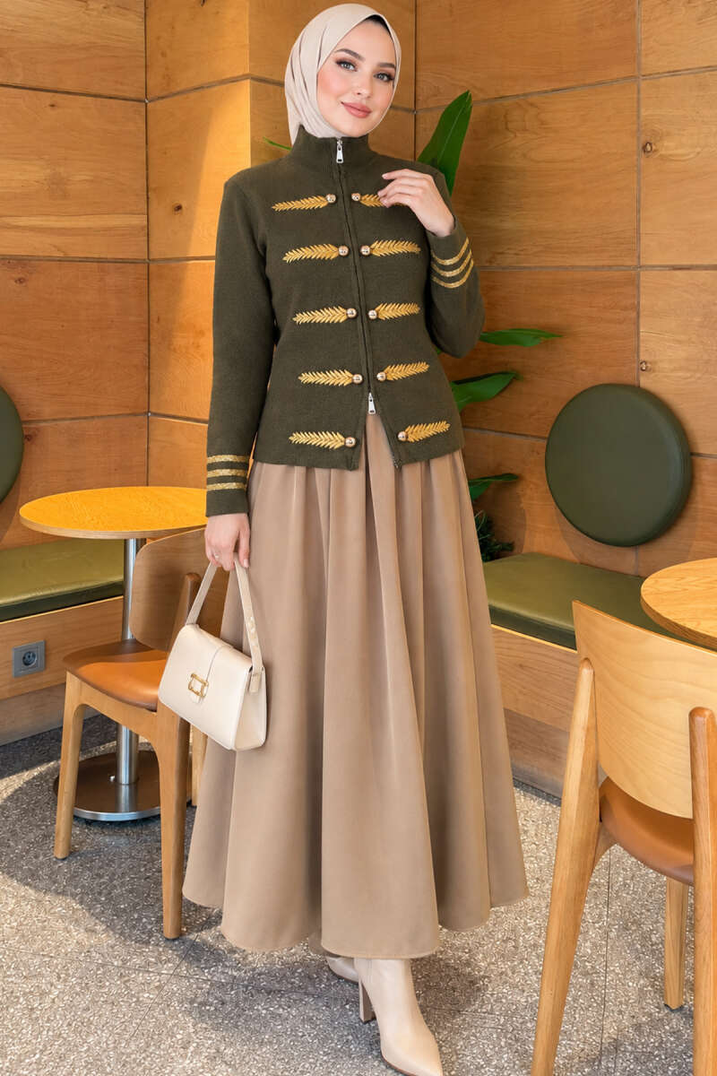 Leaf-Embroidered Knit Cardigan - Khaki
