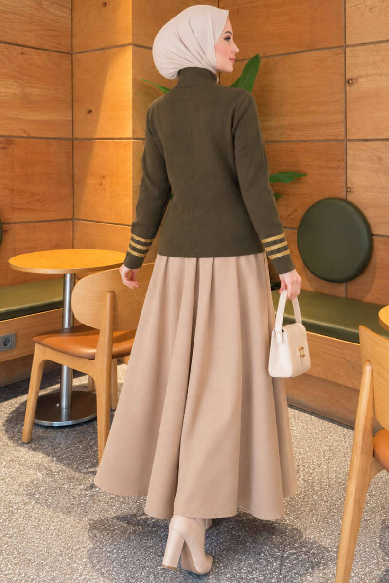 Leaf-Embroidered Knit Cardigan - Khaki