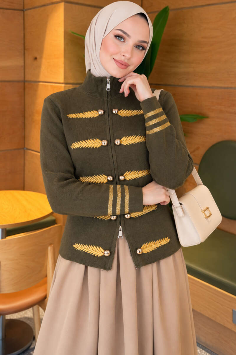 Leaf-Embroidered Knit Cardigan - Khaki