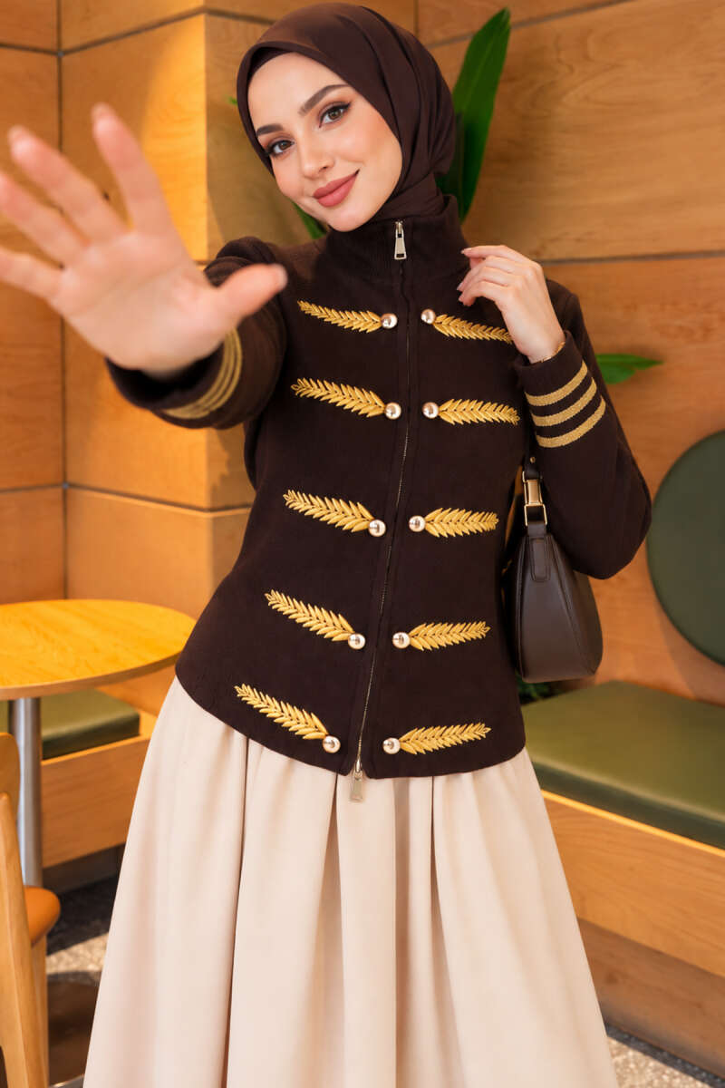 Leaf-Embroidered Knit Cardigan - Brown