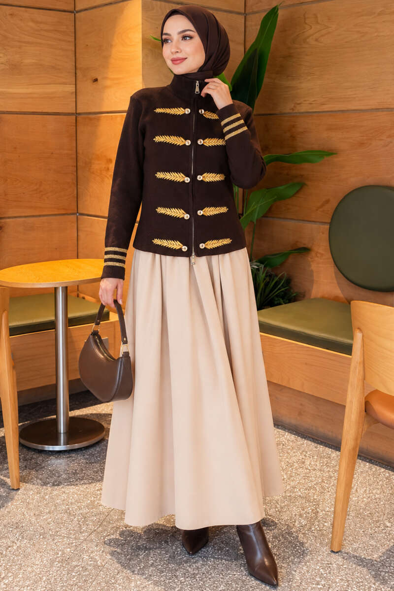 Leaf-Embroidered Knit Cardigan - Brown