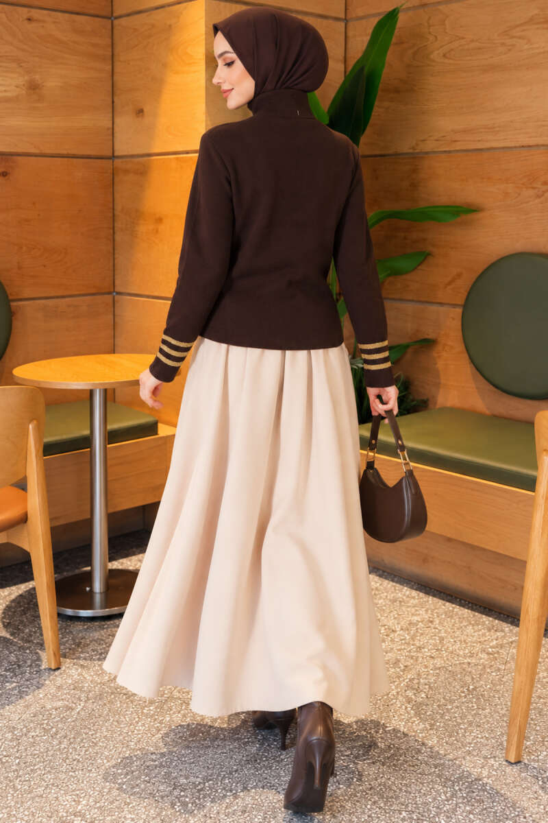 Leaf-Embroidered Knit Cardigan - Brown