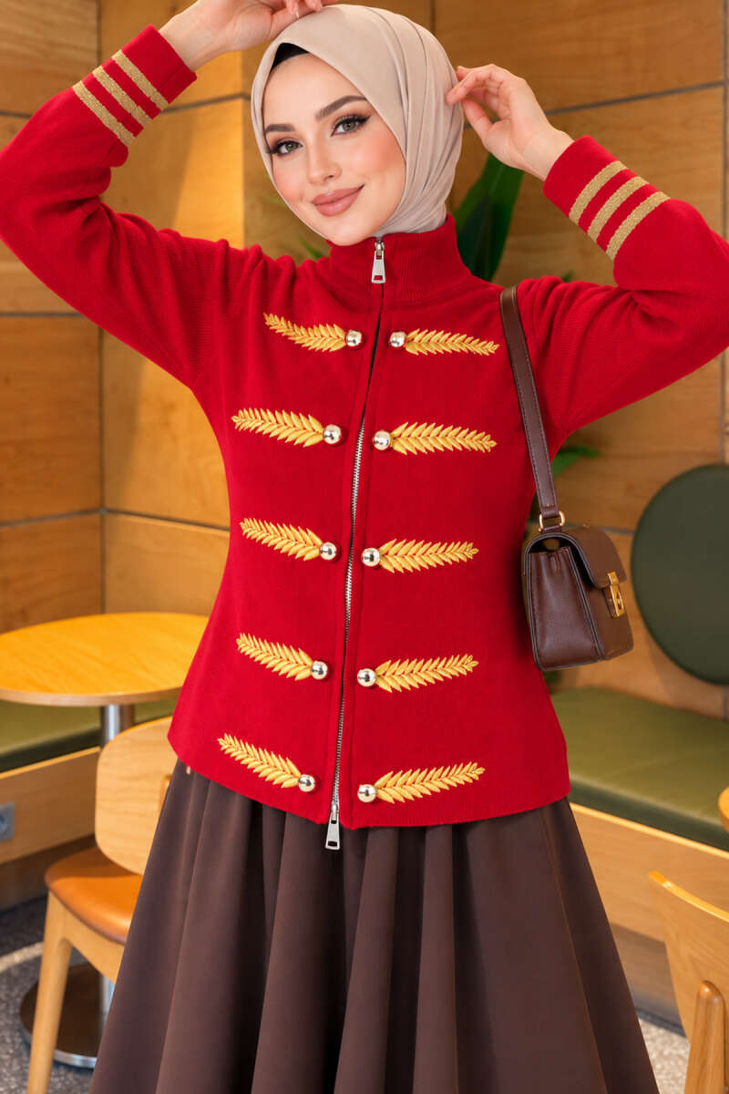 Leaf-Embroidered Knit Cardigan - Red