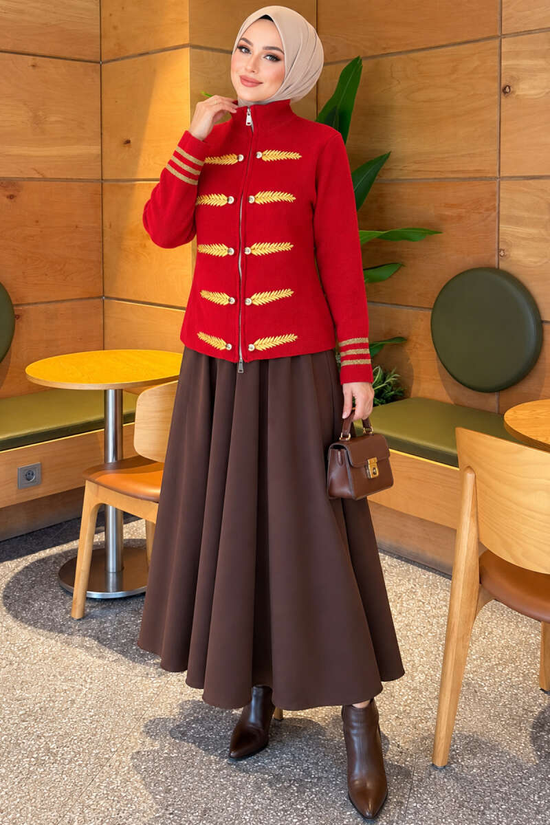 Leaf-Embroidered Knit Cardigan - Red
