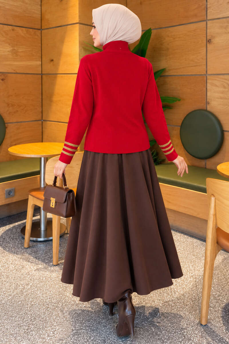 Leaf-Embroidered Knit Cardigan - Red
