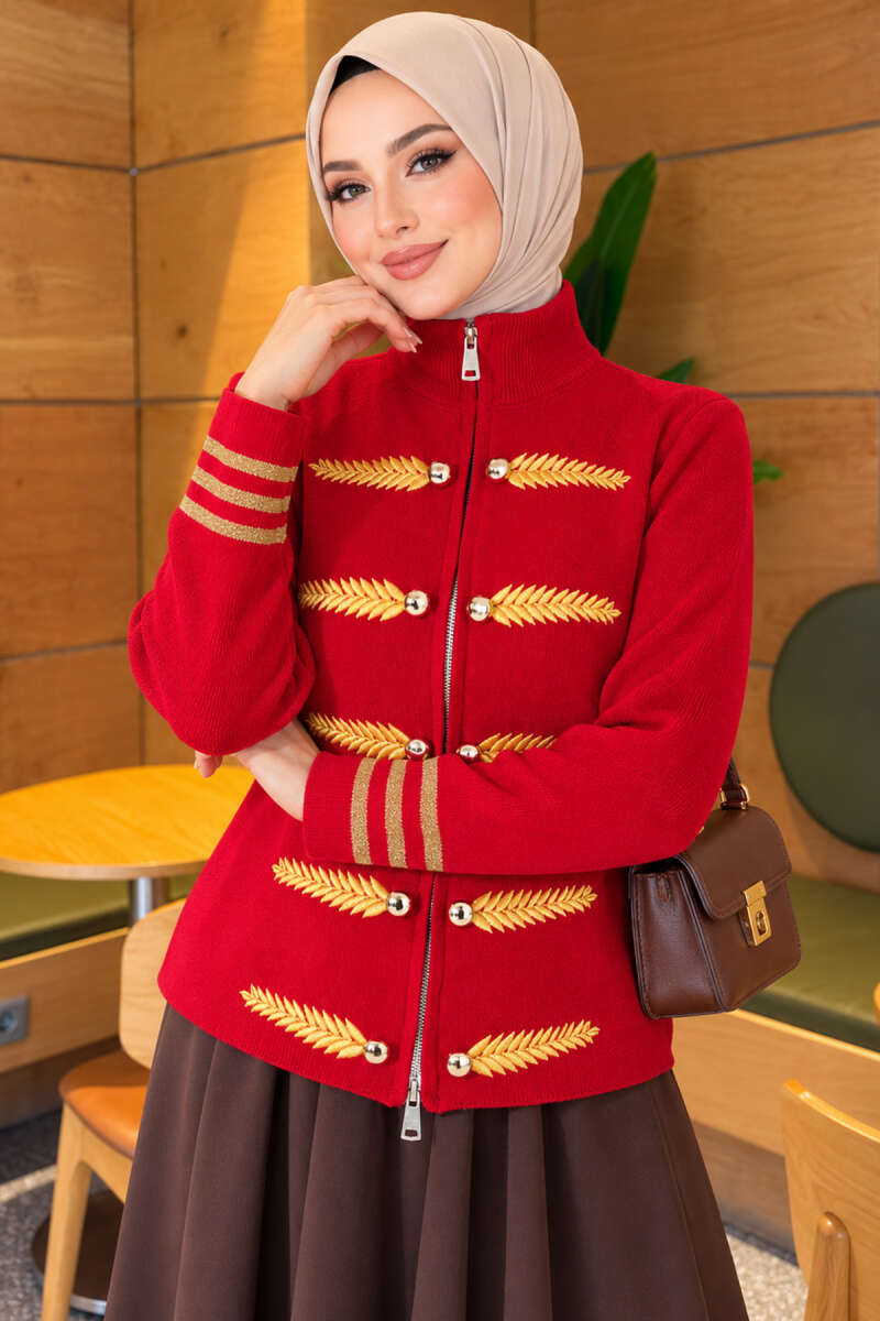 Leaf-Embroidered Knit Cardigan - Red