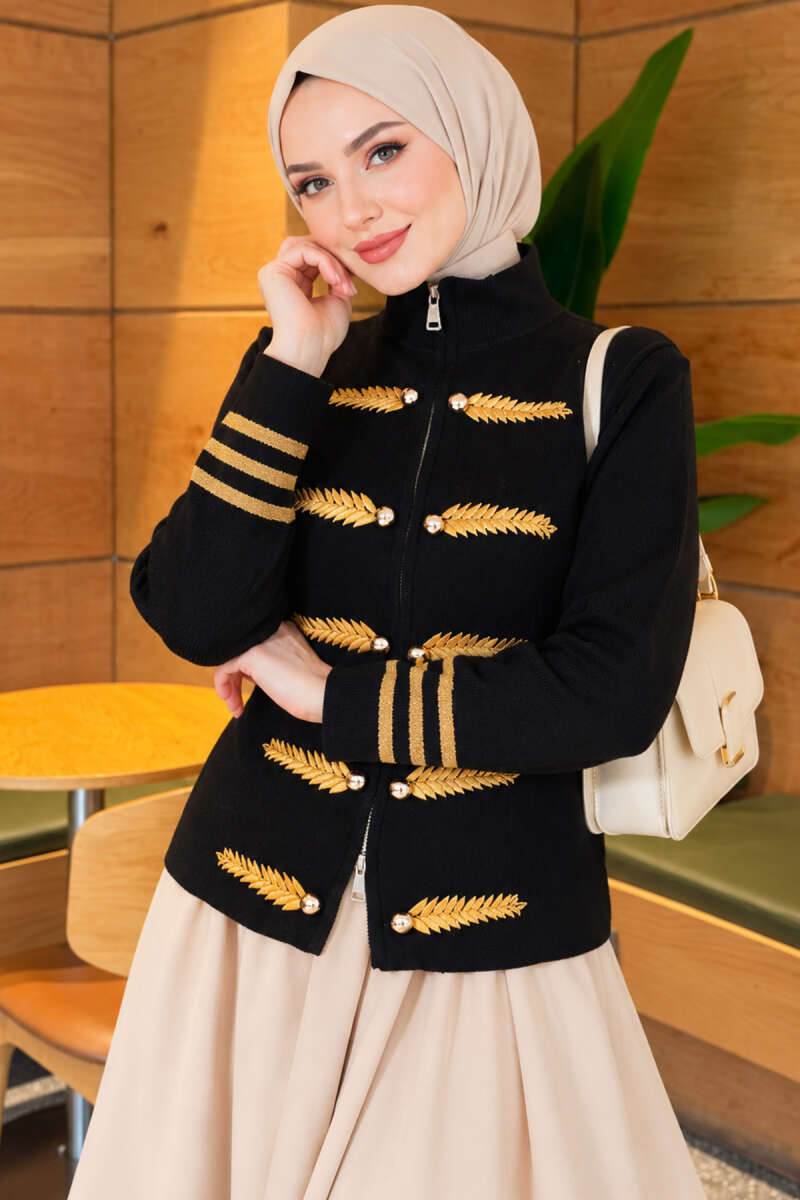 Leaf-Embroidered Knit Cardigan - Black