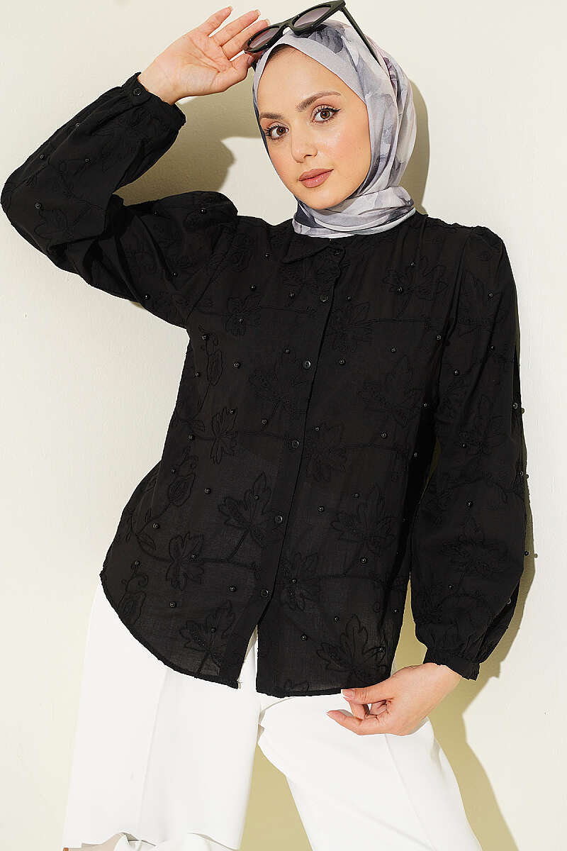 Leaf-Embroidered Shirt with Pearls - Black