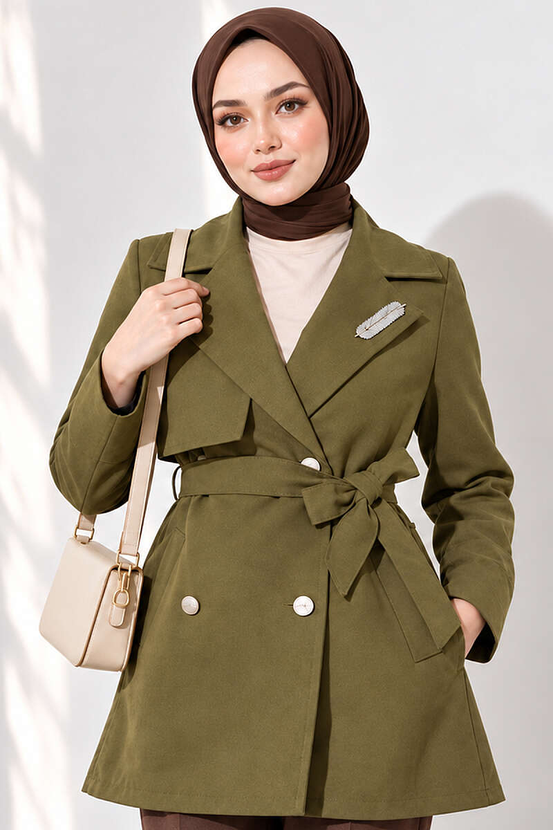 Trench Coat with Cape and Leaf Stones - Khaki