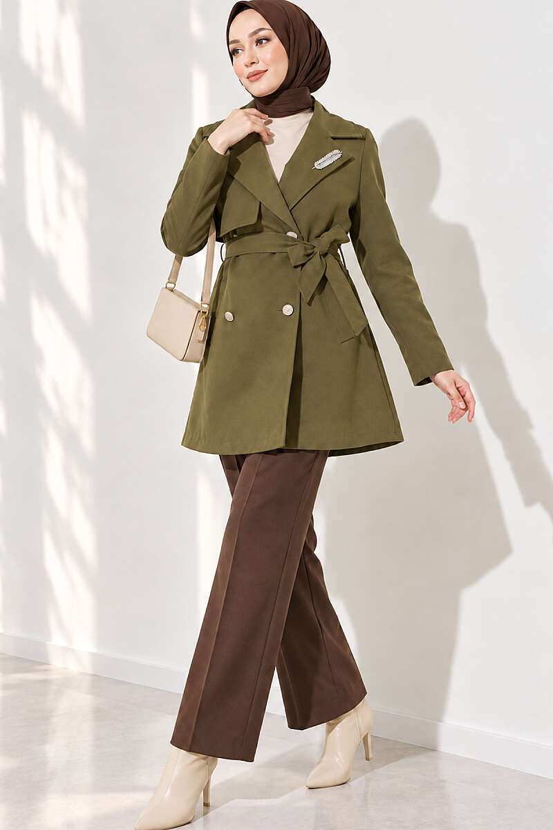 Trench Coat with Cape and Leaf Stones - Khaki