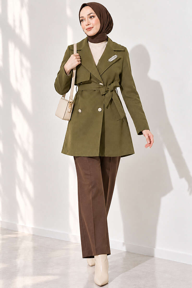 Trench Coat with Cape and Leaf Stones - Khaki