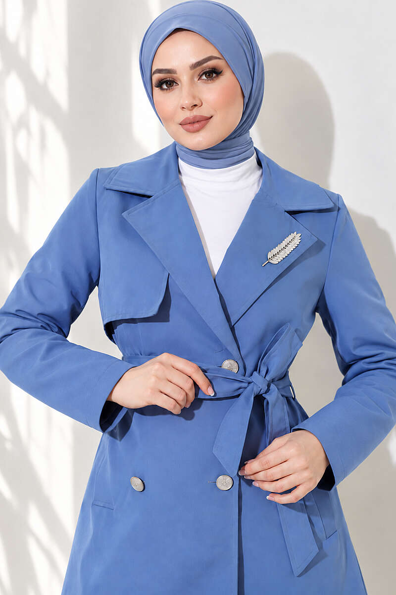 Trench Coat with Cape and Leaf Stones - Indigo