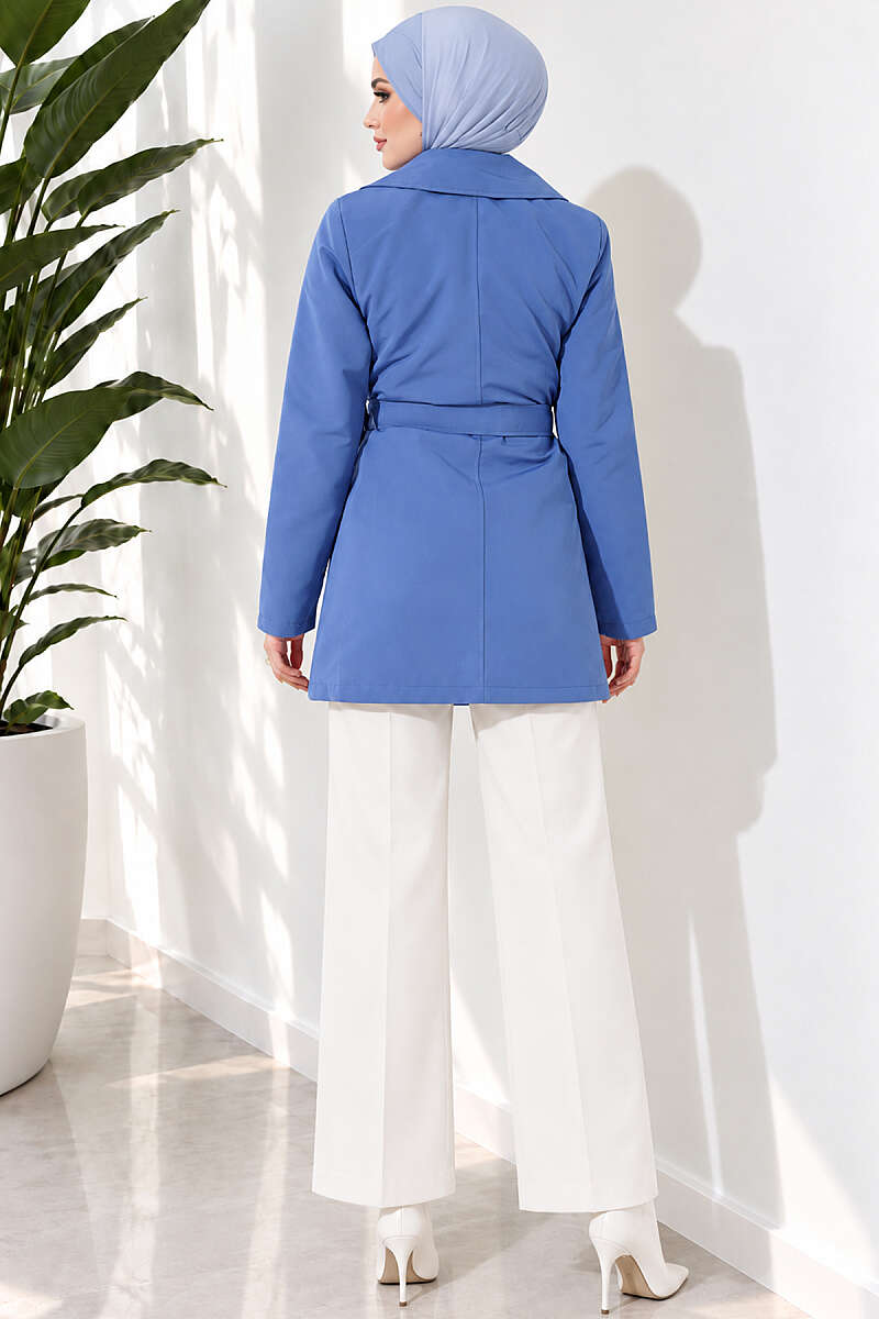 Trench Coat with Cape and Leaf Stones - Indigo