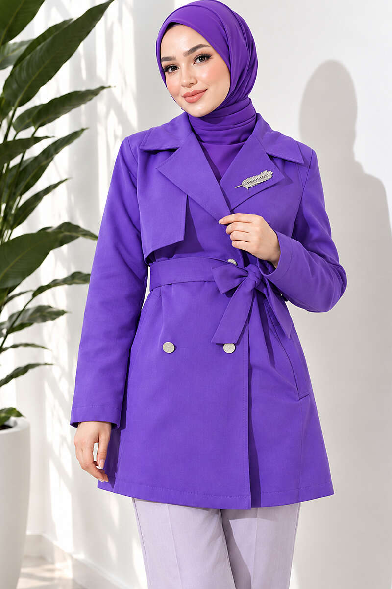 Trench Coat with Cape and Leaf Stones - Purple
