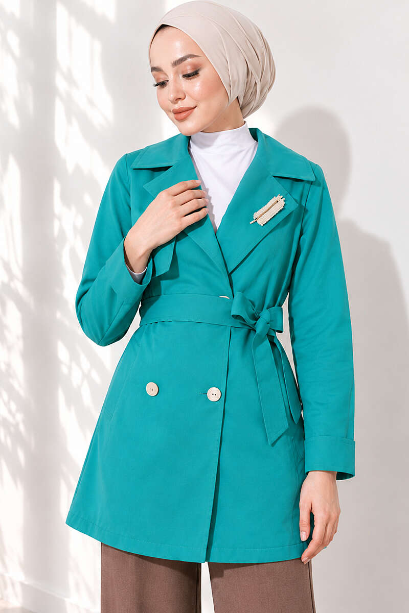Trench Coat with Cape and Leaf Stones - Teal