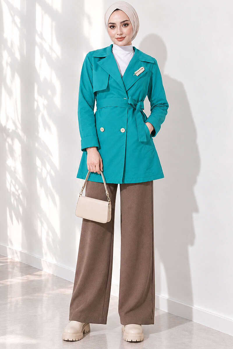 Trench Coat with Cape and Leaf Stones - Teal