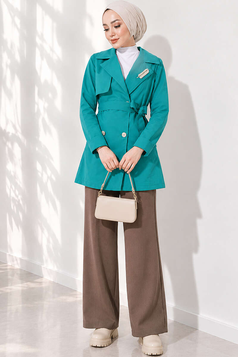Trench Coat with Cape and Leaf Stones - Teal