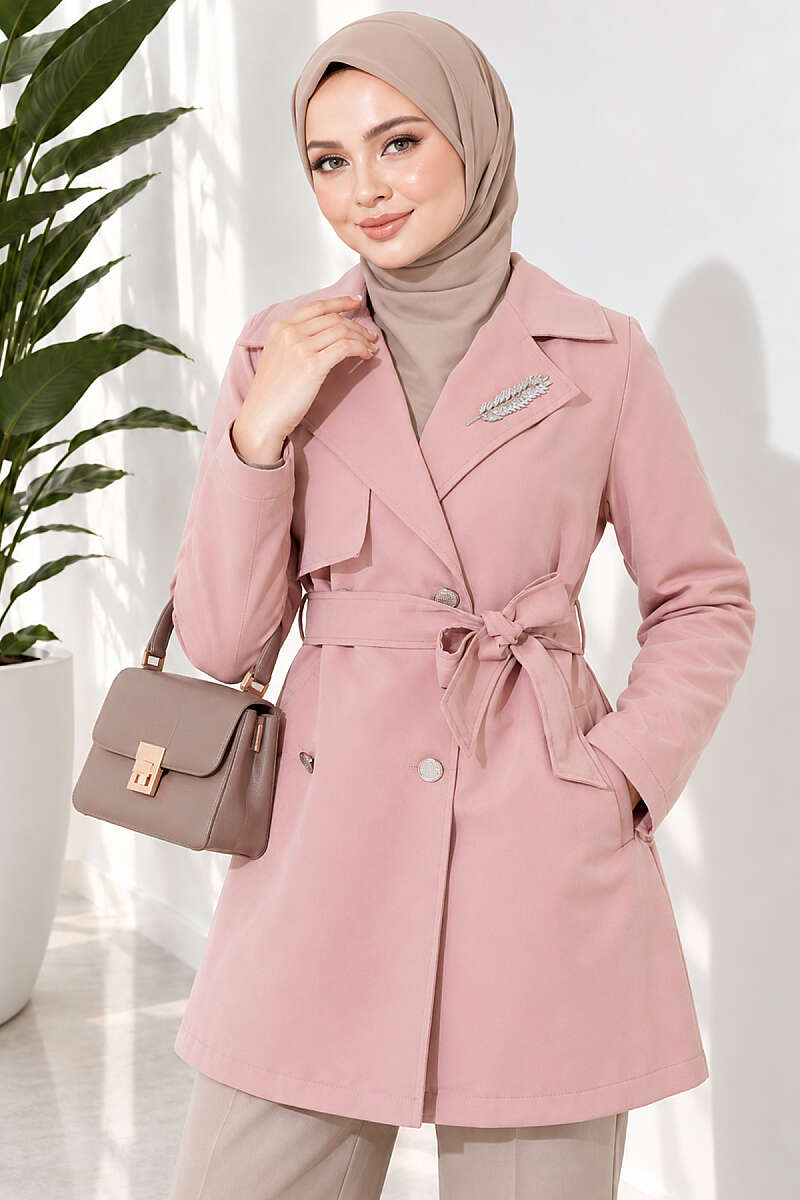 Trench Coat with Cape and Leaf Stones - Powder