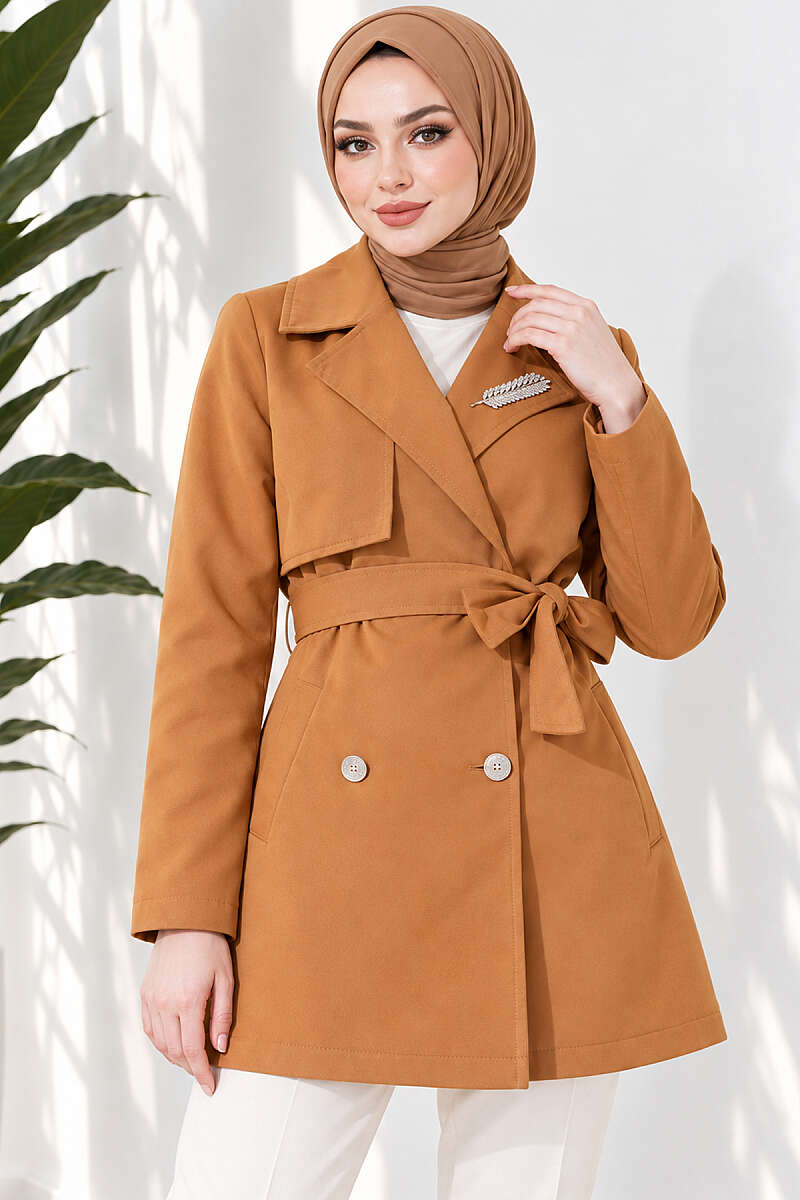 Trench Coat with Cape and Leaf Stones - Tan