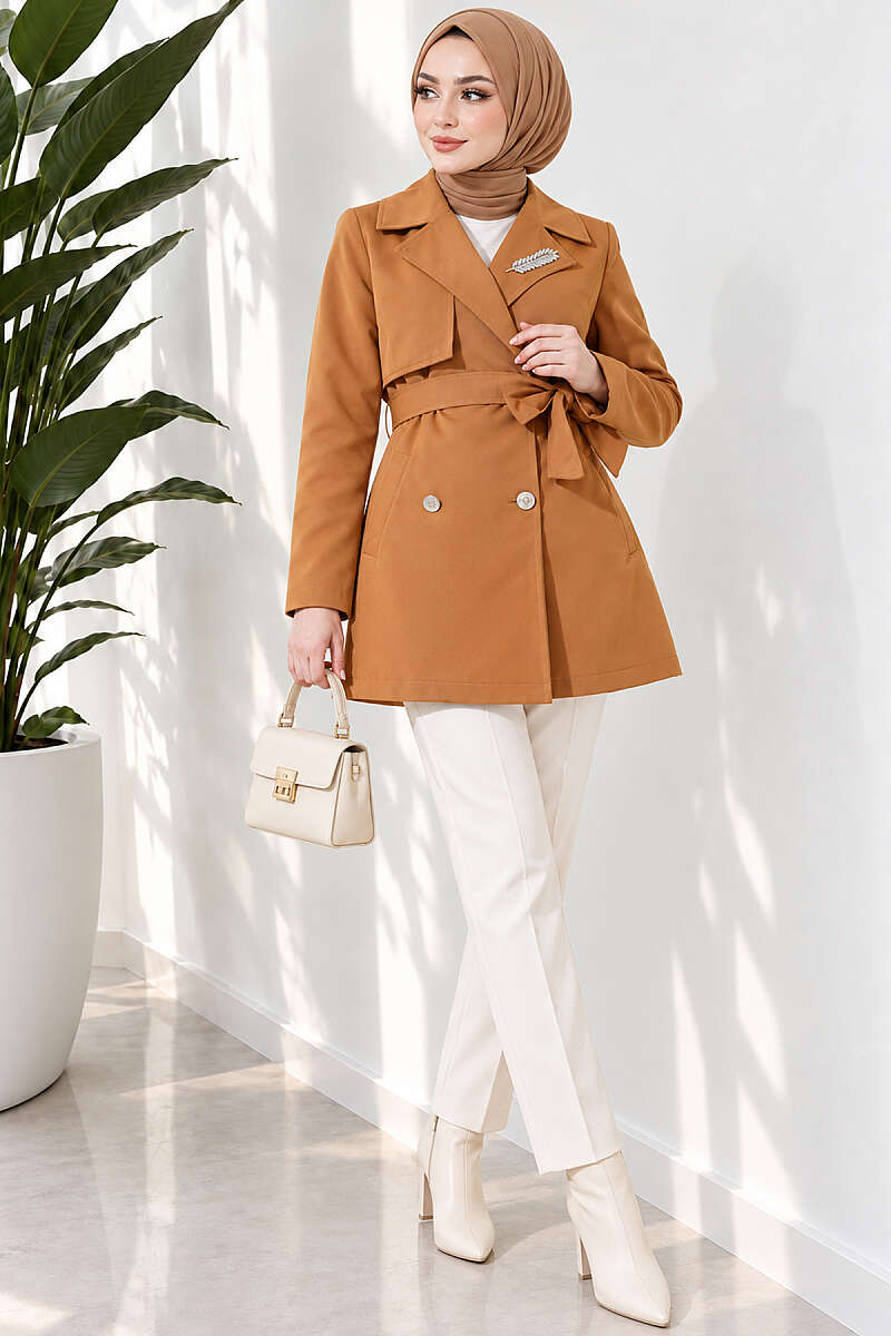 Trench Coat with Cape and Leaf Stones - Tan