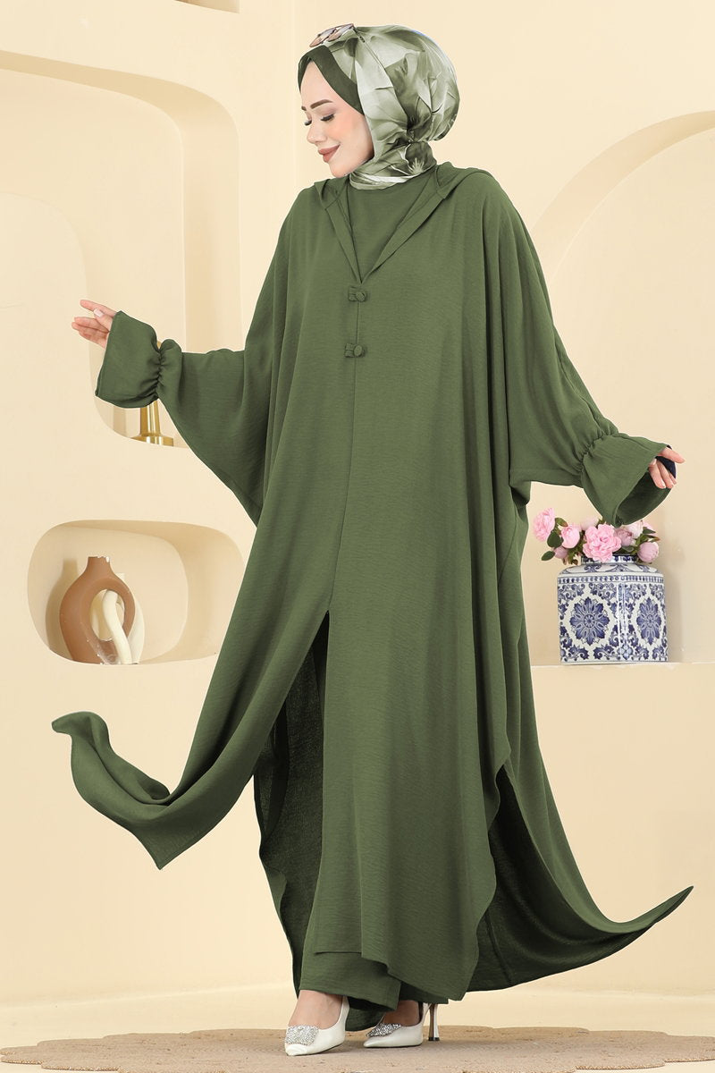 Batwing-Sleeve Three-Piece Set - Khaki