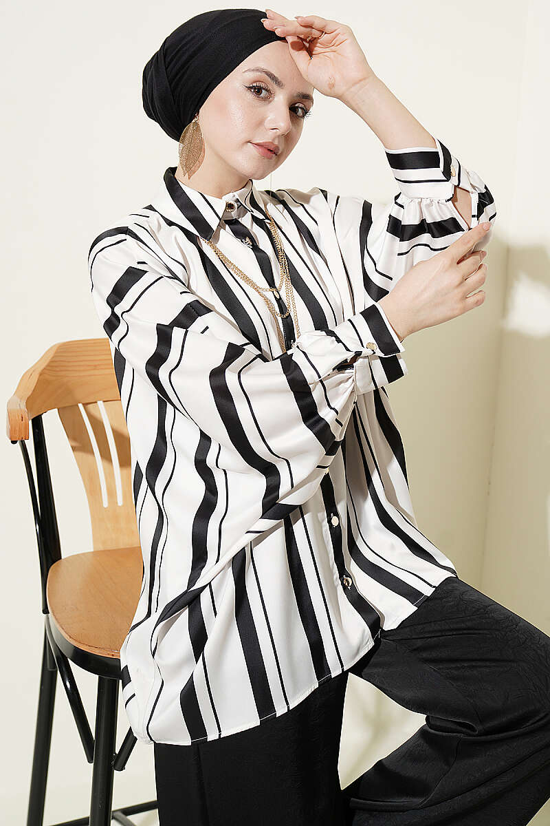 Asymmetric Striped Satin Batwing Shirt - Black