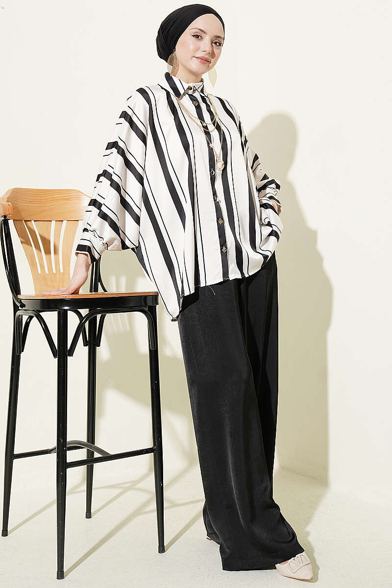 Asymmetric Striped Satin Batwing Shirt - Black