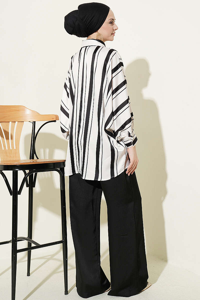 Asymmetric Striped Satin Batwing Shirt - Black