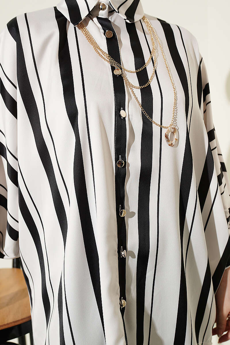 Asymmetric Striped Satin Batwing Shirt - Black