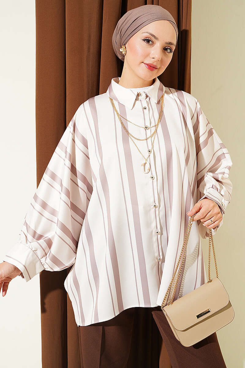 Asymmetric Striped Satin Batwing Shirt - Mink