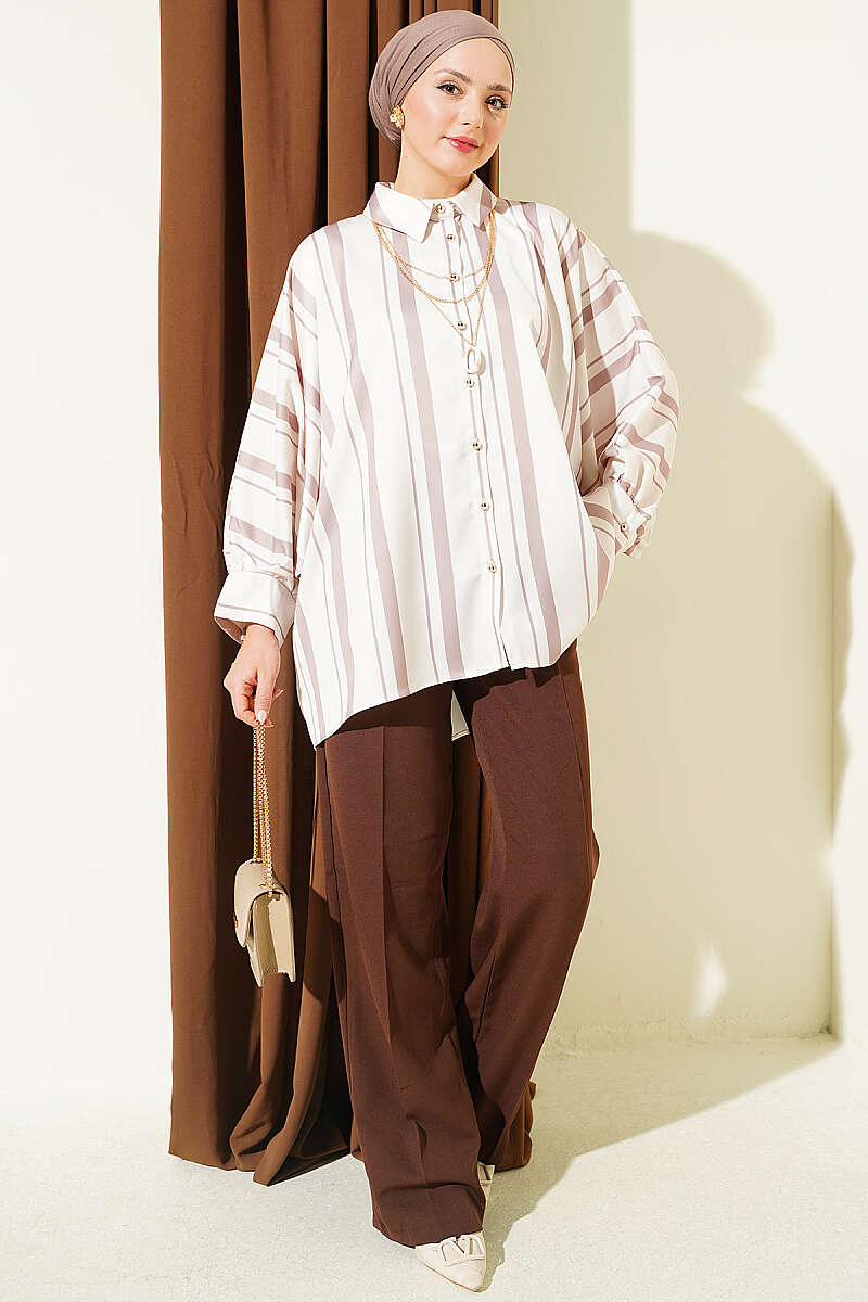 Asymmetric Striped Satin Batwing Shirt - Mink