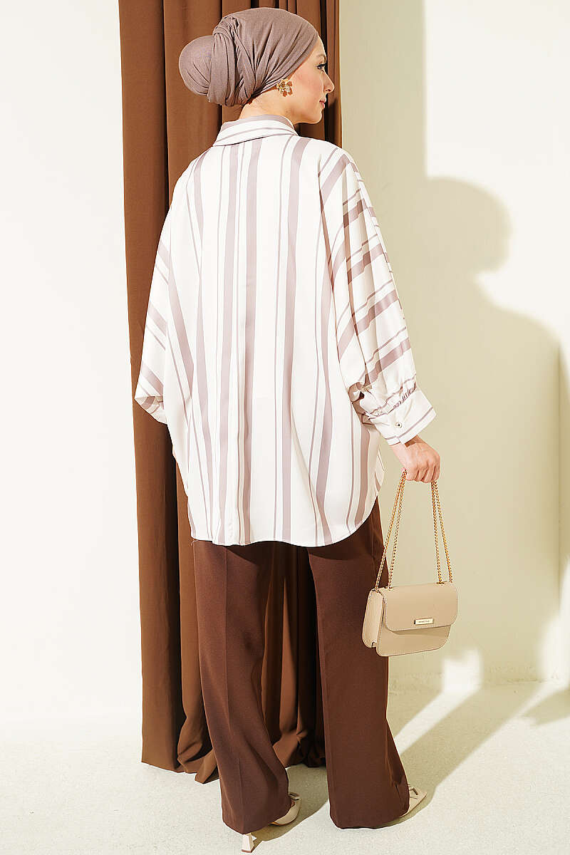 Asymmetric Striped Satin Batwing Shirt - Mink