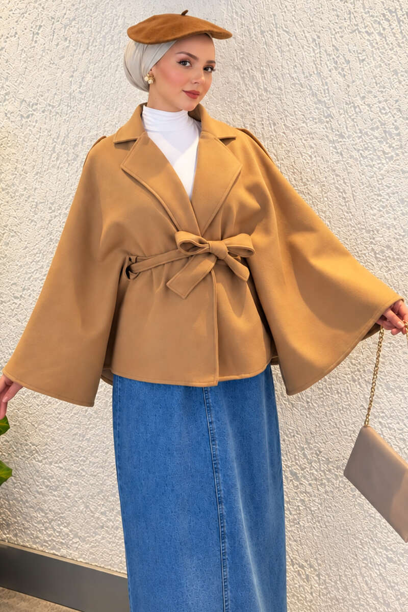 Batwing Poncho Coat with Tie - Camel