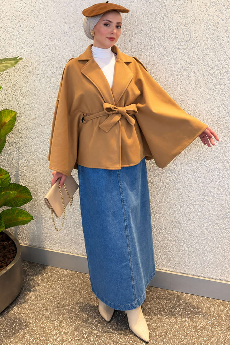 Batwing Poncho Coat with Tie - Camel