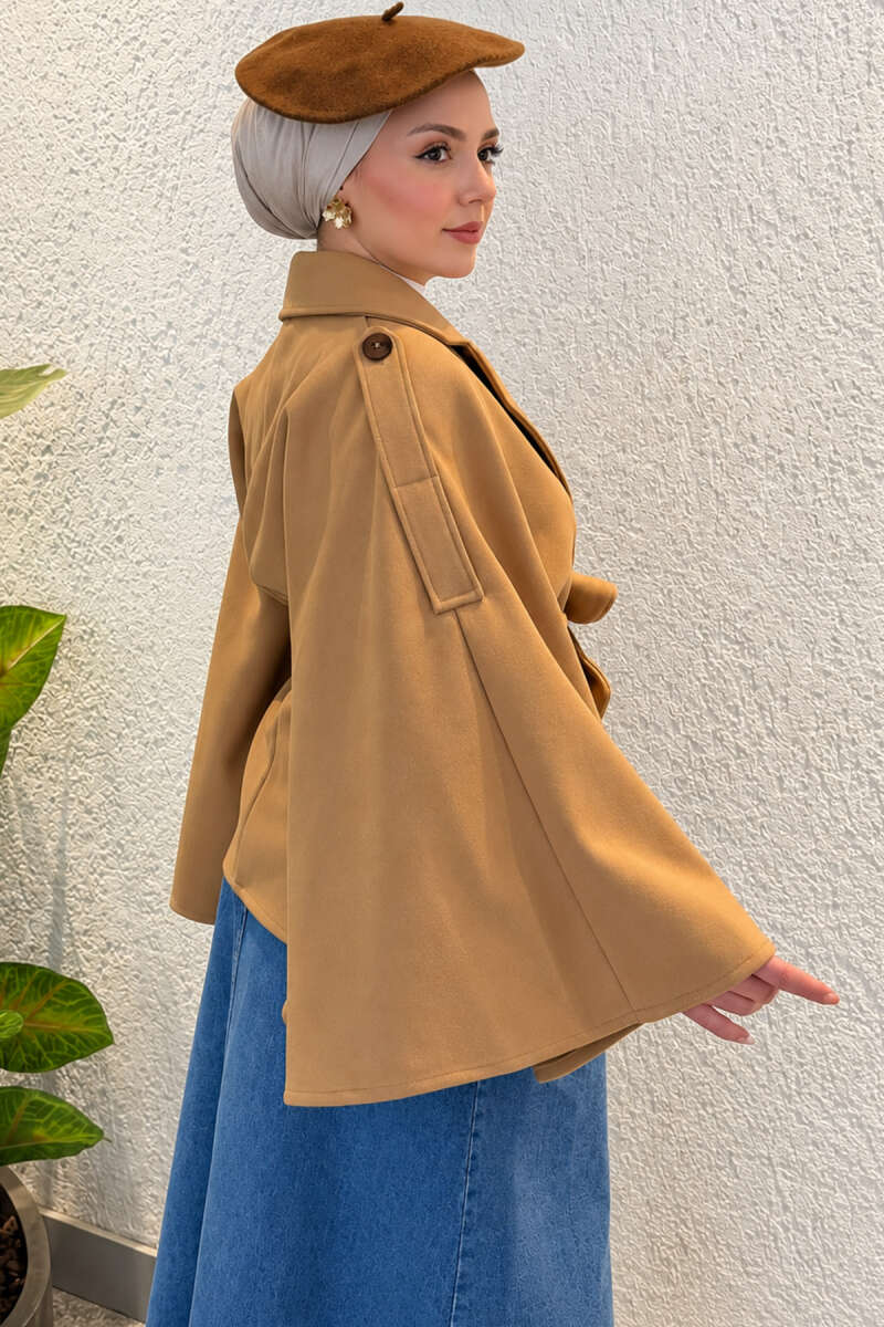 Batwing Poncho Coat with Tie - Camel
