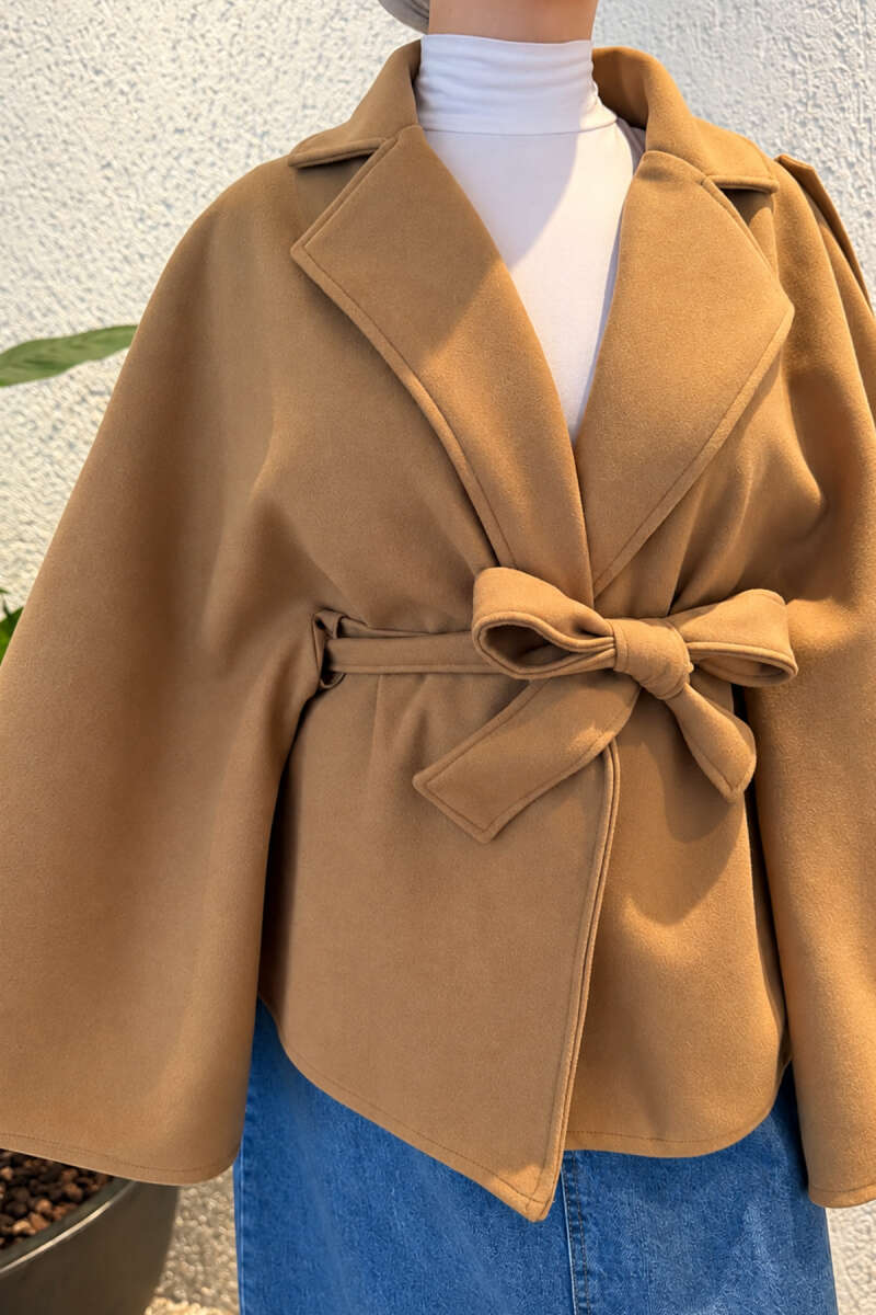 Batwing Poncho Coat with Tie - Camel