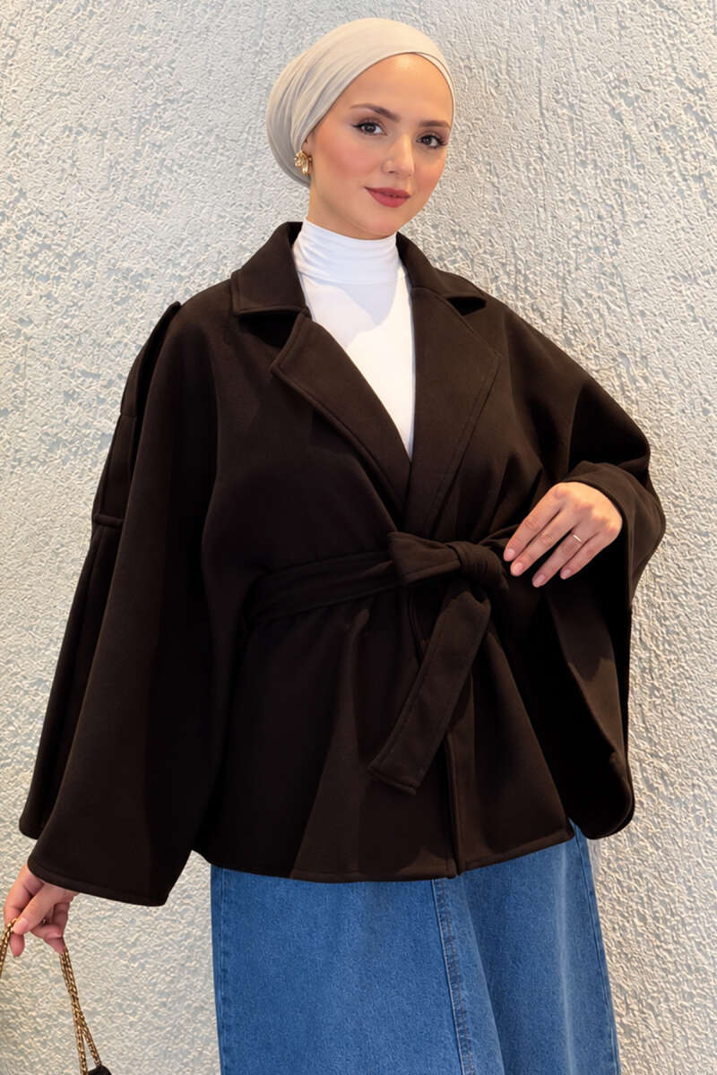 Batwing Poncho Coat with Tie - Brown