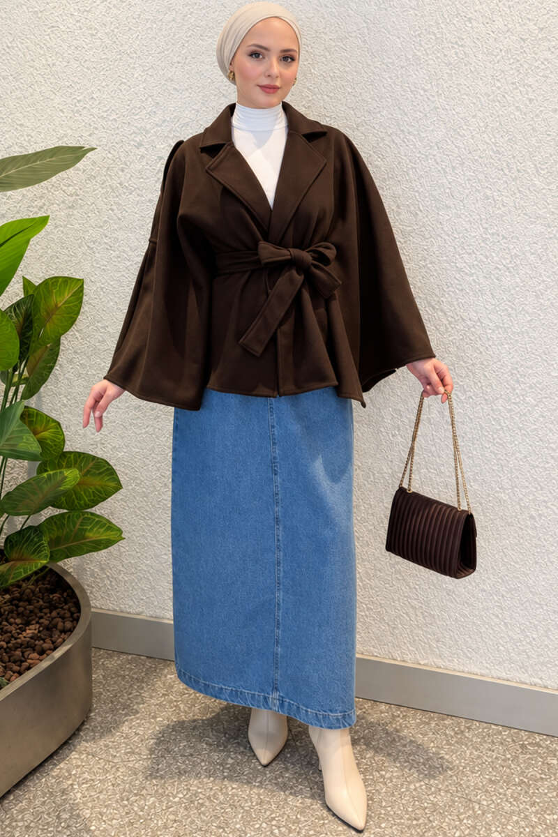 Batwing Poncho Coat with Tie - Brown
