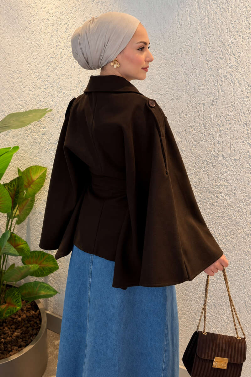 Batwing Poncho Coat with Tie - Brown