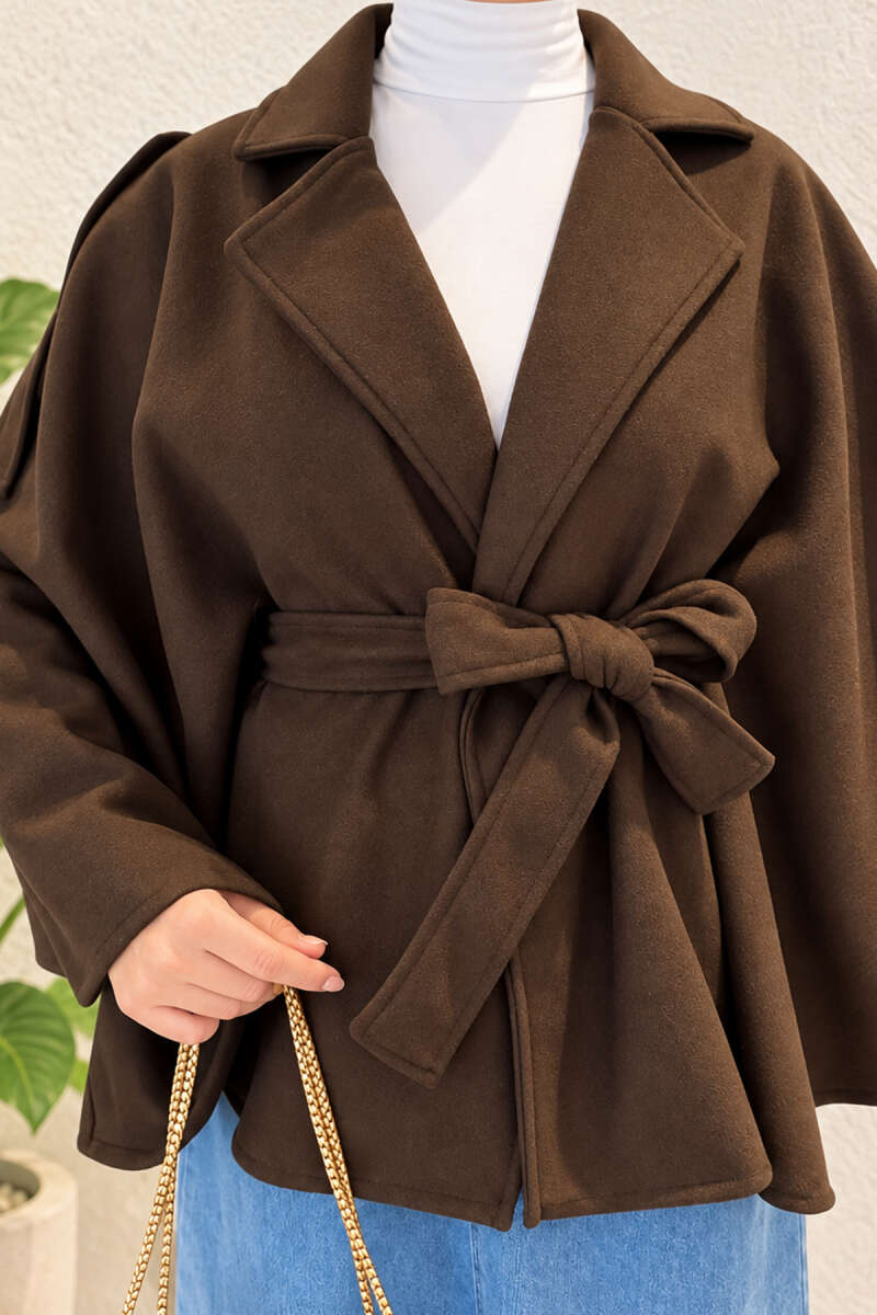 Batwing Poncho Coat with Tie - Brown
