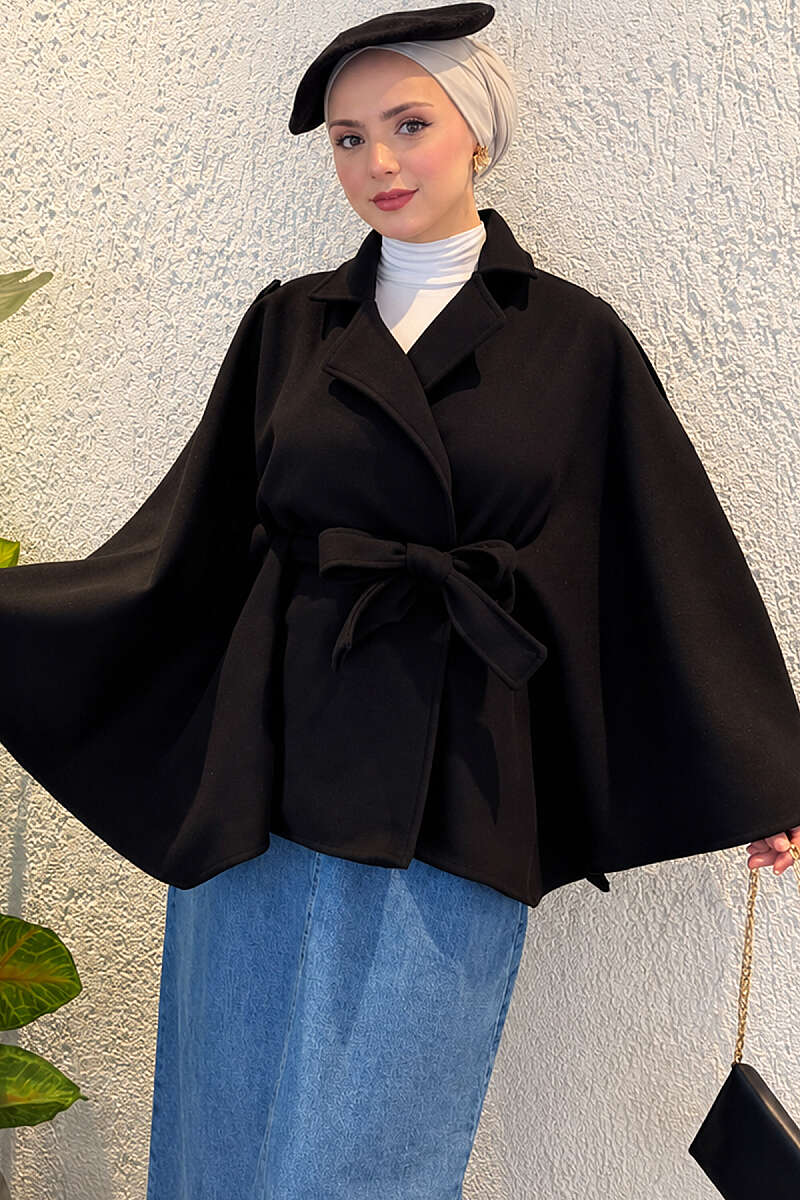 Batwing Poncho Coat with Tie - Black
