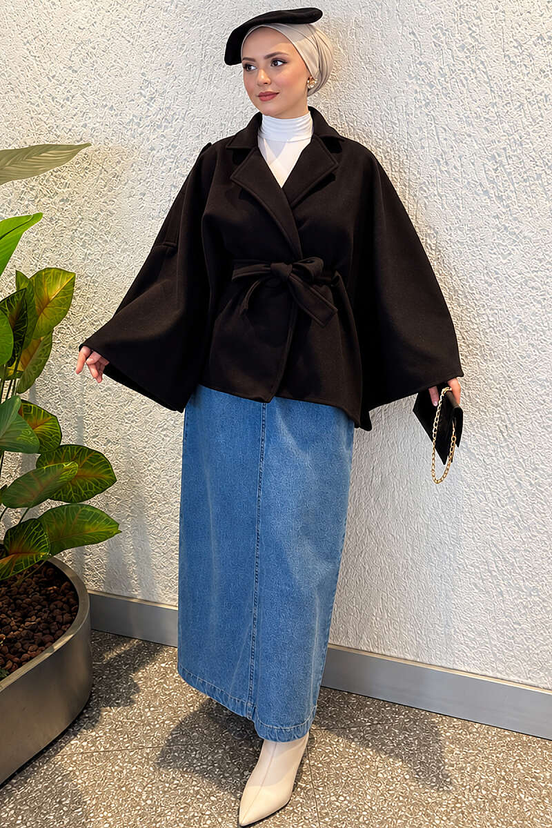 Batwing Poncho Coat with Tie - Black