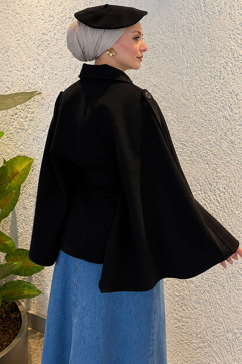Batwing Poncho Coat with Tie - Black